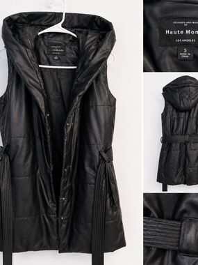Haute Monde Black Hooded Quilted Faux-Leather Vest